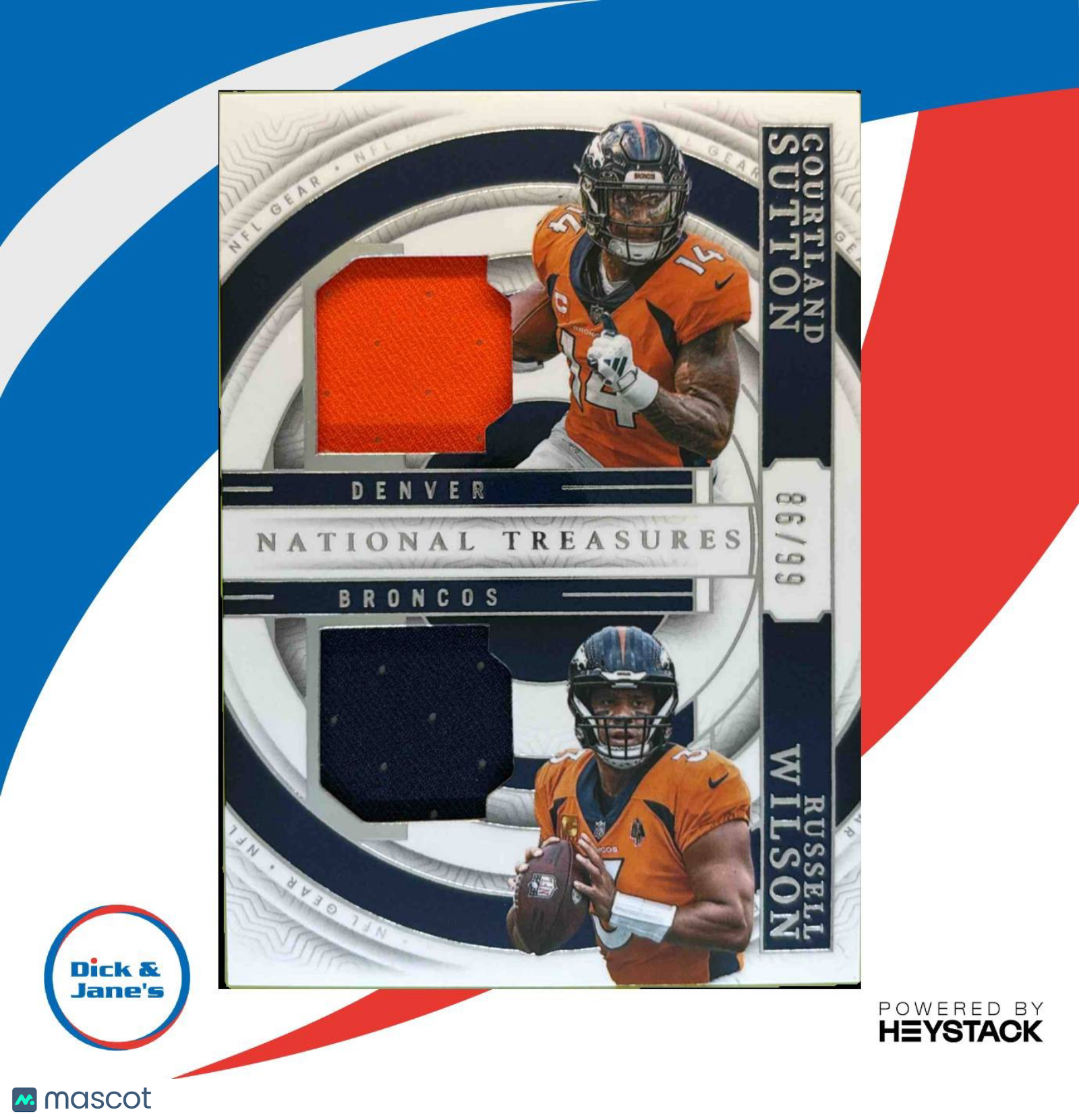2023 National Treasures Courtland Sutton Russell Wilson NFL Combo Materials /99 Sports Cards