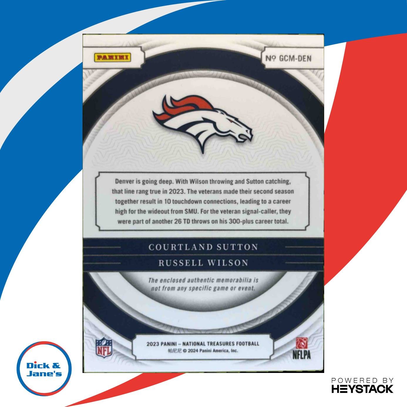 2023 National Treasures Courtland Sutton Russell Wilson NFL Combo Materials /99 Sports Cards