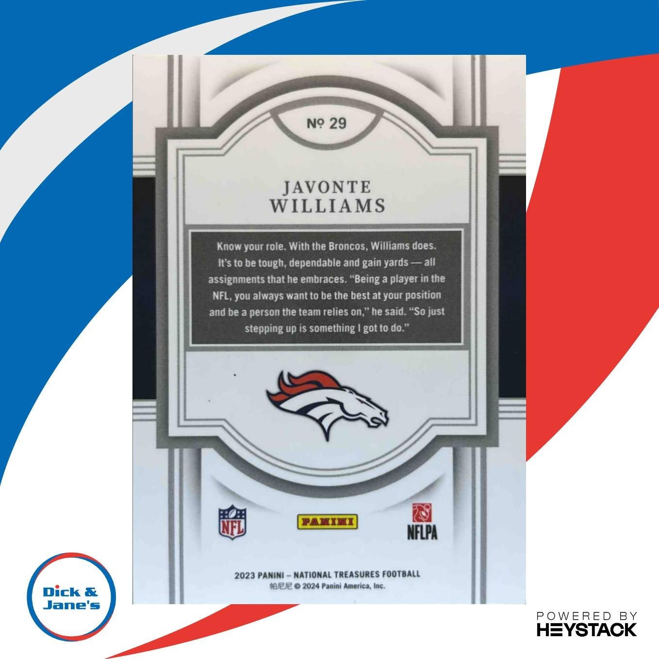 2023 National Treasures Javonte Williams Jersey Number Red /33 #29 Denver Bronco - Sports Cards