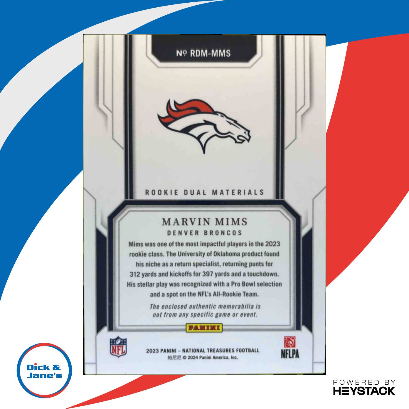 2023 National Treasures Marvin Mims Rookie Dual Materials Gold/35 Denver Broncos Sports Cards