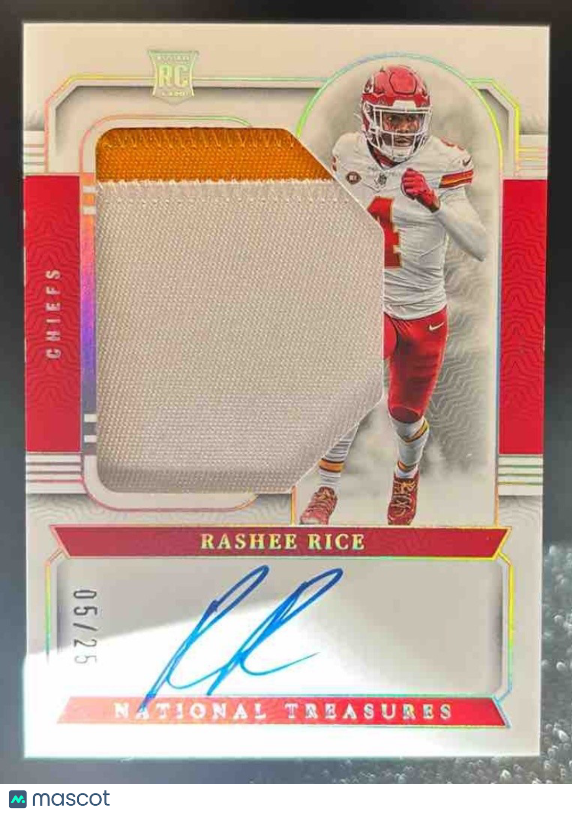 2023 National Treasures Rashee Rice Patch Auto /25 #25 MEM RC Kansas City Chiefs - Sports Cards