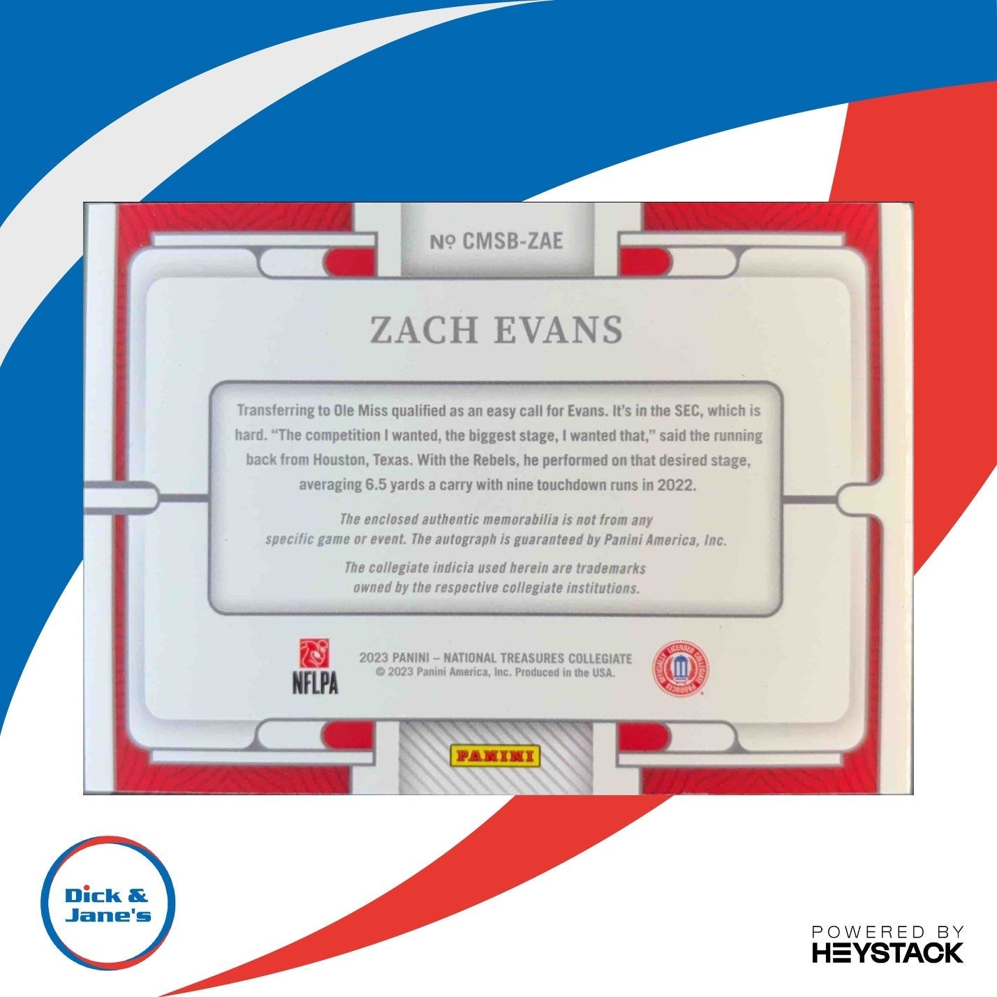 2023 National Treasures Zach Evans Silhouettes Signatures Blue /49 MEM AU REBELS - Sports Cards