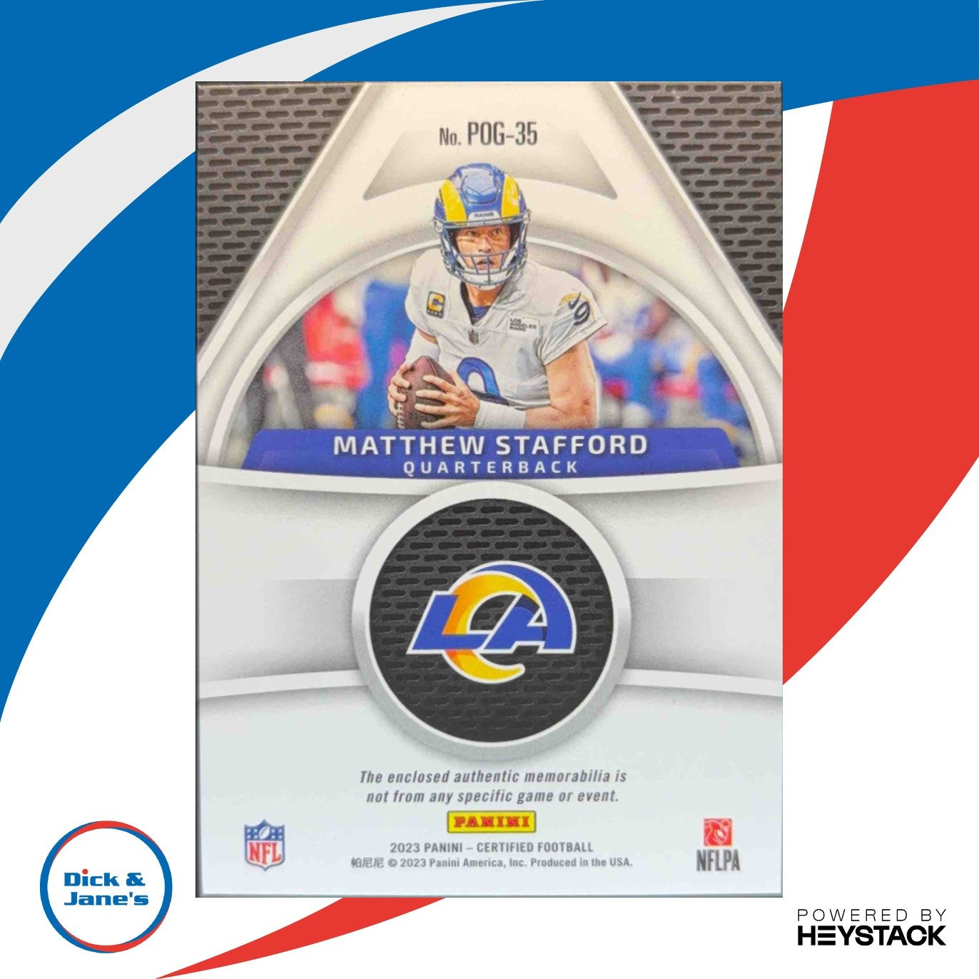 2023 Panini Certified Matthew Stafford Piece of the Game 140/199 Mem LA Rams - Sports Cards