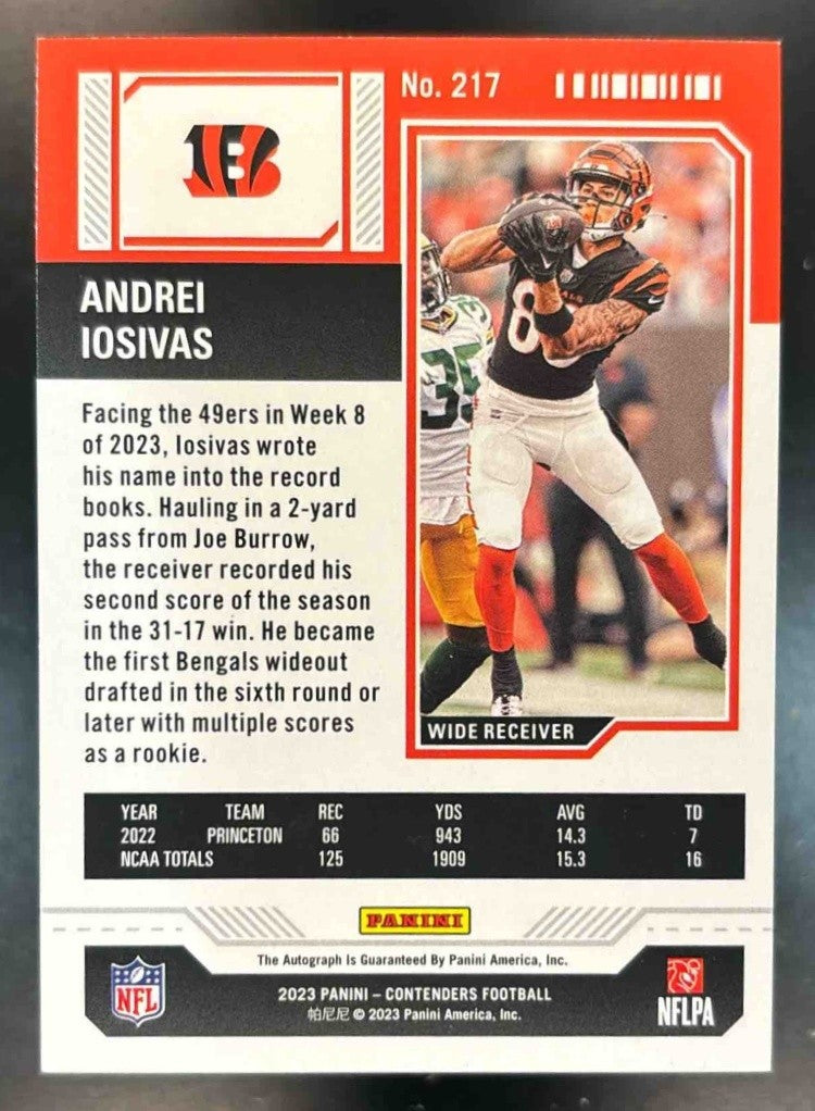 2023 Panini Contenders Andrei Iosivas Auto Green Lazer Sunburst #217 Bengals - Sports Cards