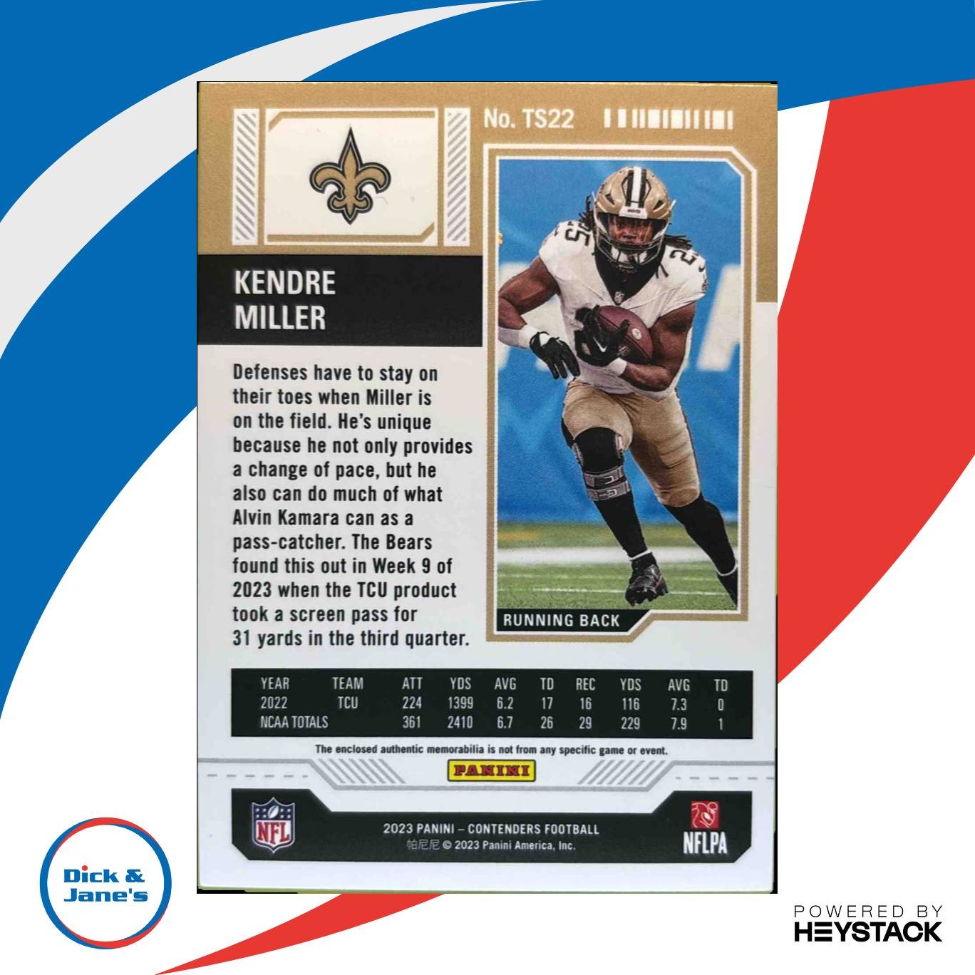 2023 Panini Contenders Kendre Miller Rookie Ticket Swatches New Orleans Saints - Sports Cards