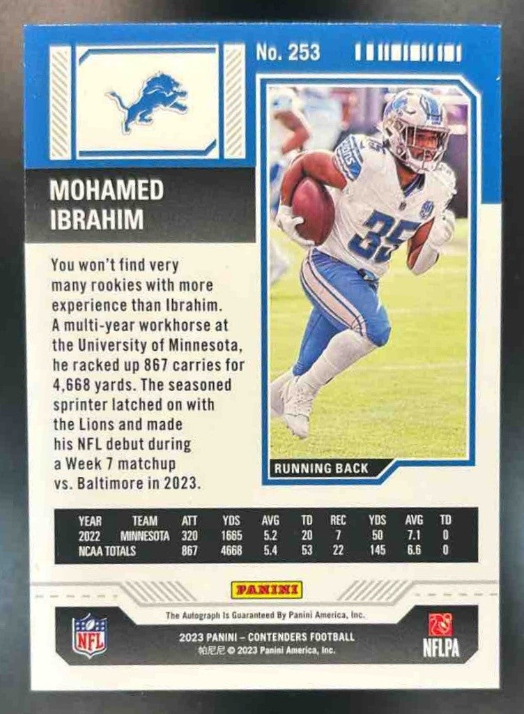 2023 Panini Contenders Mohamed Ibrahim #253 Auto RC Rookie Ticket Detroit Lions - Sports Cards