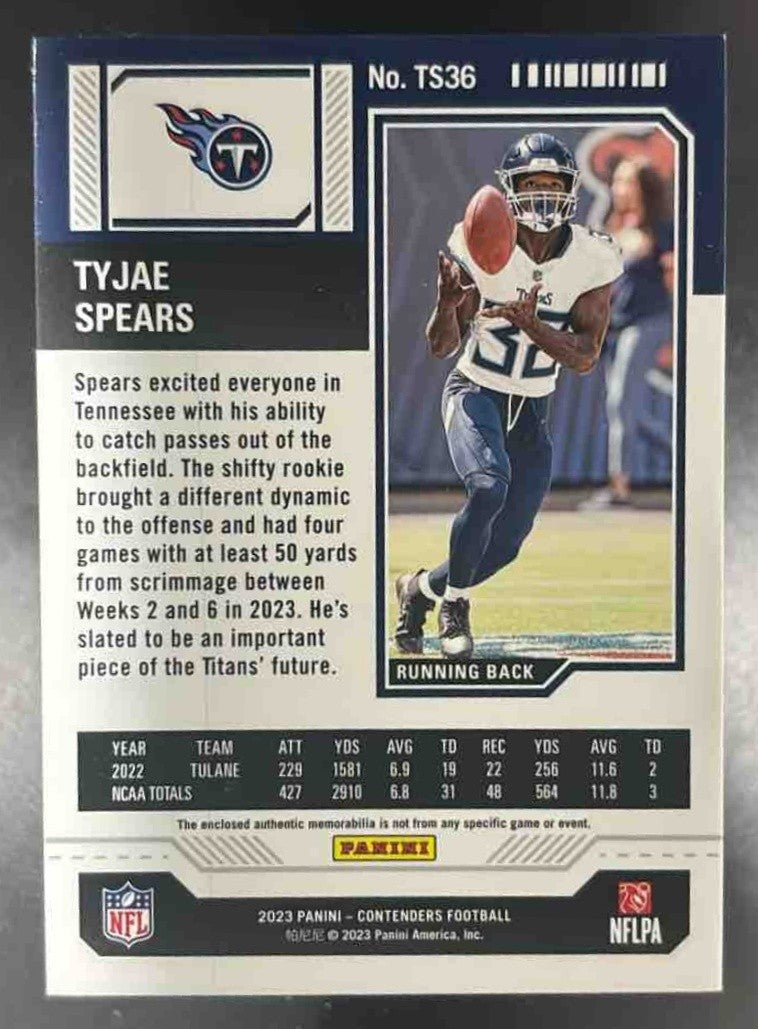 2023 Panini Contenders Tyjae Spears Rookie Ticket Swatches RC Tennessee Titans - Sports Cards