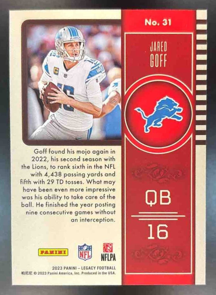 2023 Panini Legacy Jared Goff Red /299 #31 Detroit Lions - Sports Cards