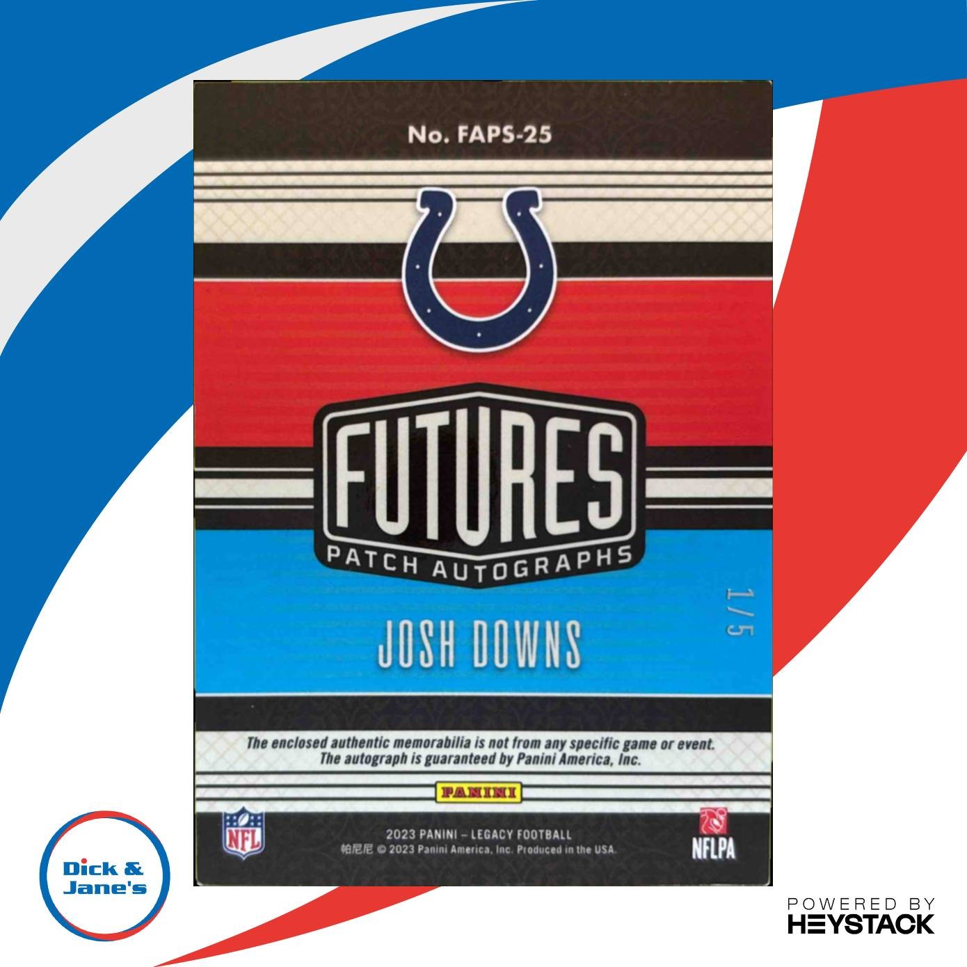 2023 Panini Legacy Josh Downs Futures Patch Auto Diamond 1/5 MEM RC Colts - Sports Cards