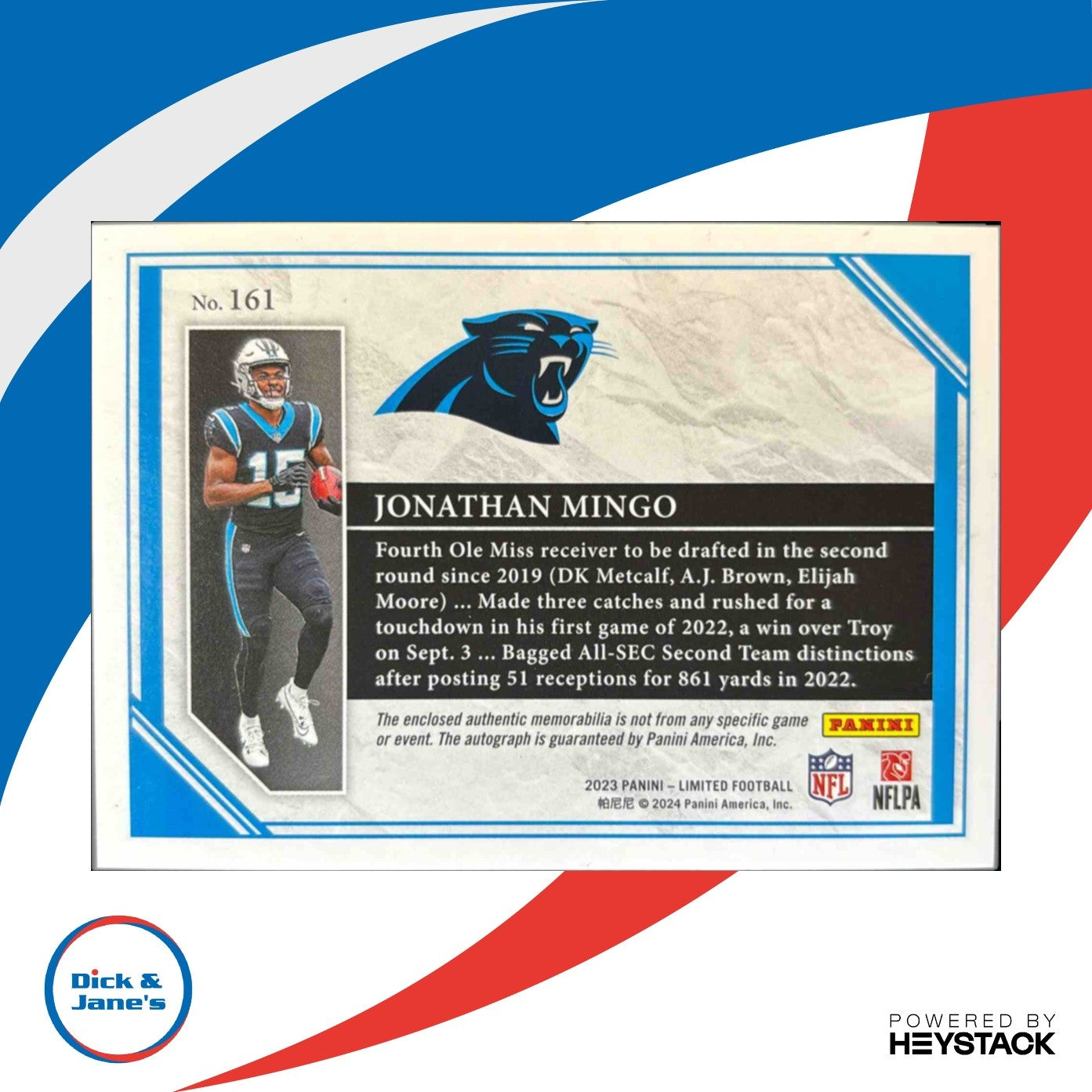 2023 Panini Limited Jonathan Mingo Silver Spotlight 53/75 Auto Panthers Rookie - Sports Cards
