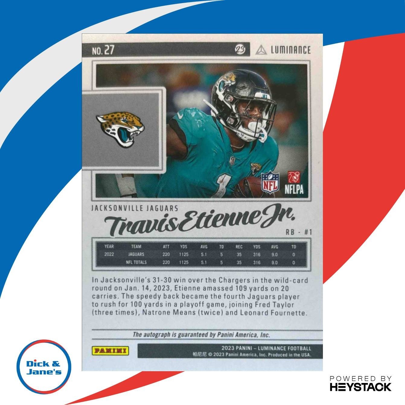 2023 Panini Luminance Travis Etienne Jr. Auto /150 #27 Jacksonville Jaguars - Sports Cards