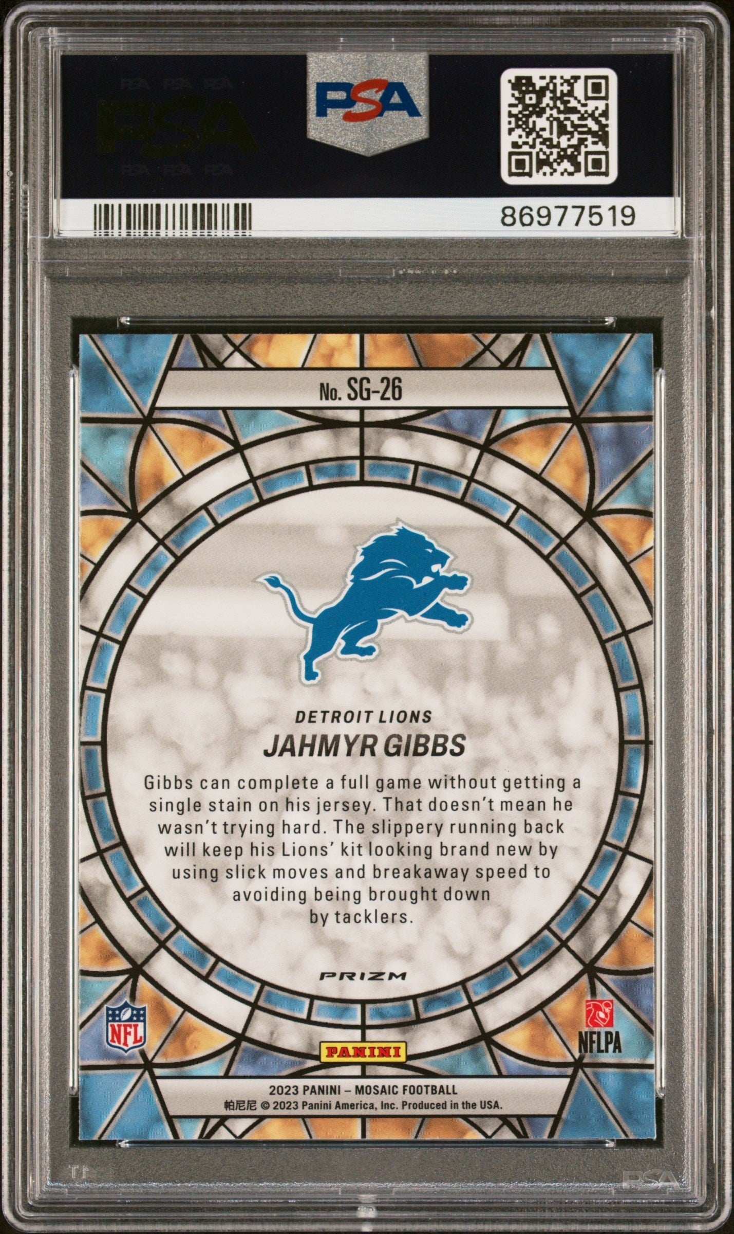 2023 Panini Mosaic Stained Glass Jahmyr Gibbs #SG26 PSA 9 Detroit Lions - Graded Sports Cards