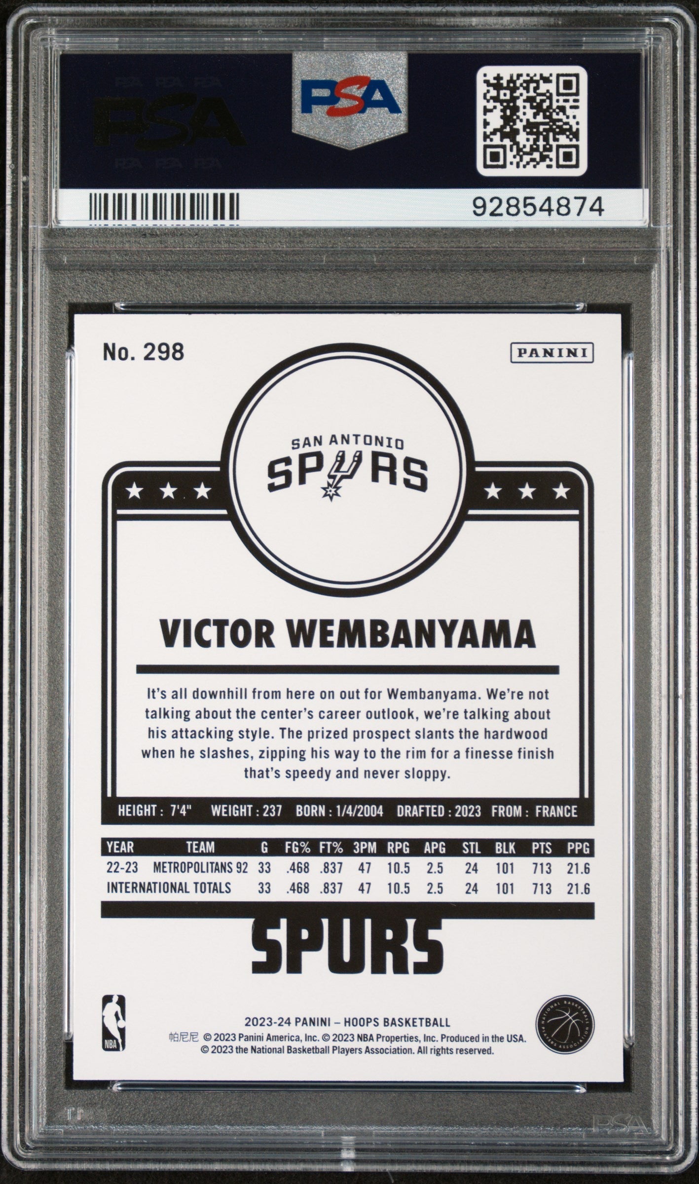 2023 Panini NBA Hoops Victor Wembanyama #298 PSA 10 - Graded Sports Cards