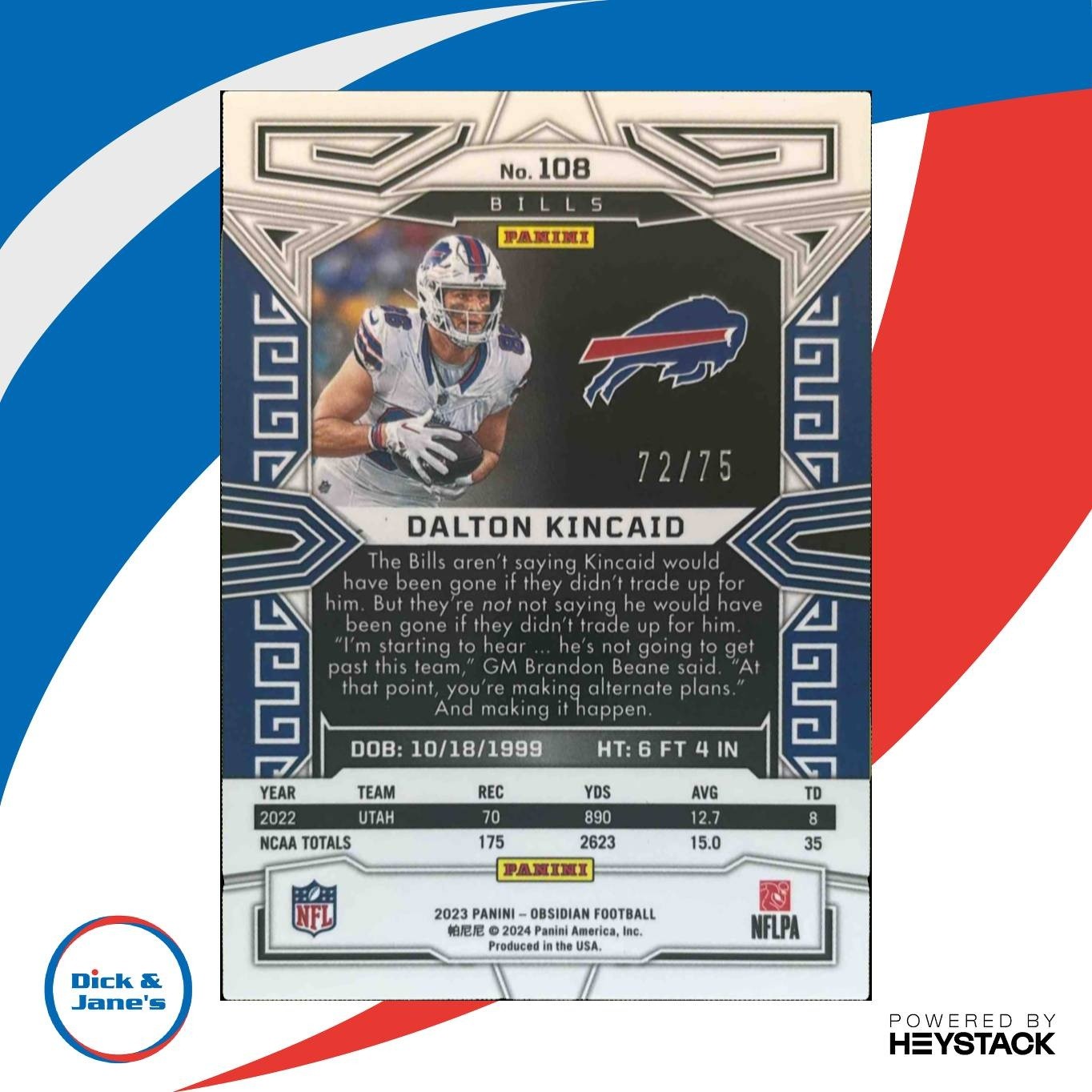 2023 Panini Obsidian Dalton Kincaid Electric Purple 72/75 #108 RC Buffalo Bills - Sports Cards