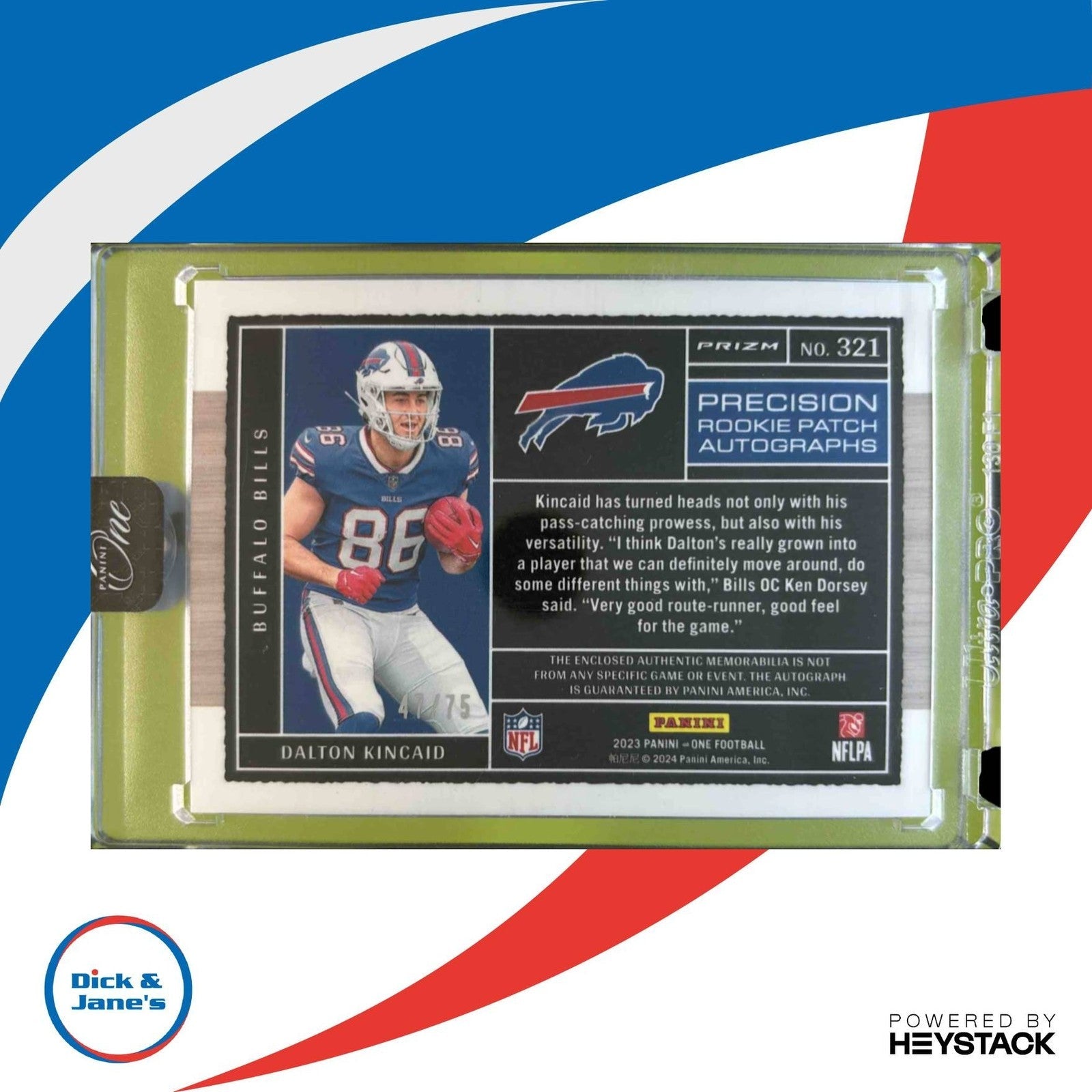 2023 Panini One Dalton Kincaid Blue /75 #321 Patch Auto MEM RC Buffalo Bills - Sports Cards