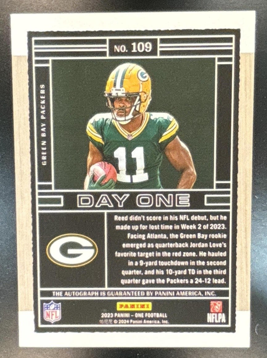 2023 Panini One Jayden Reed /99 #109 Auto RC Day One Green Bay Packers - Sports Cards