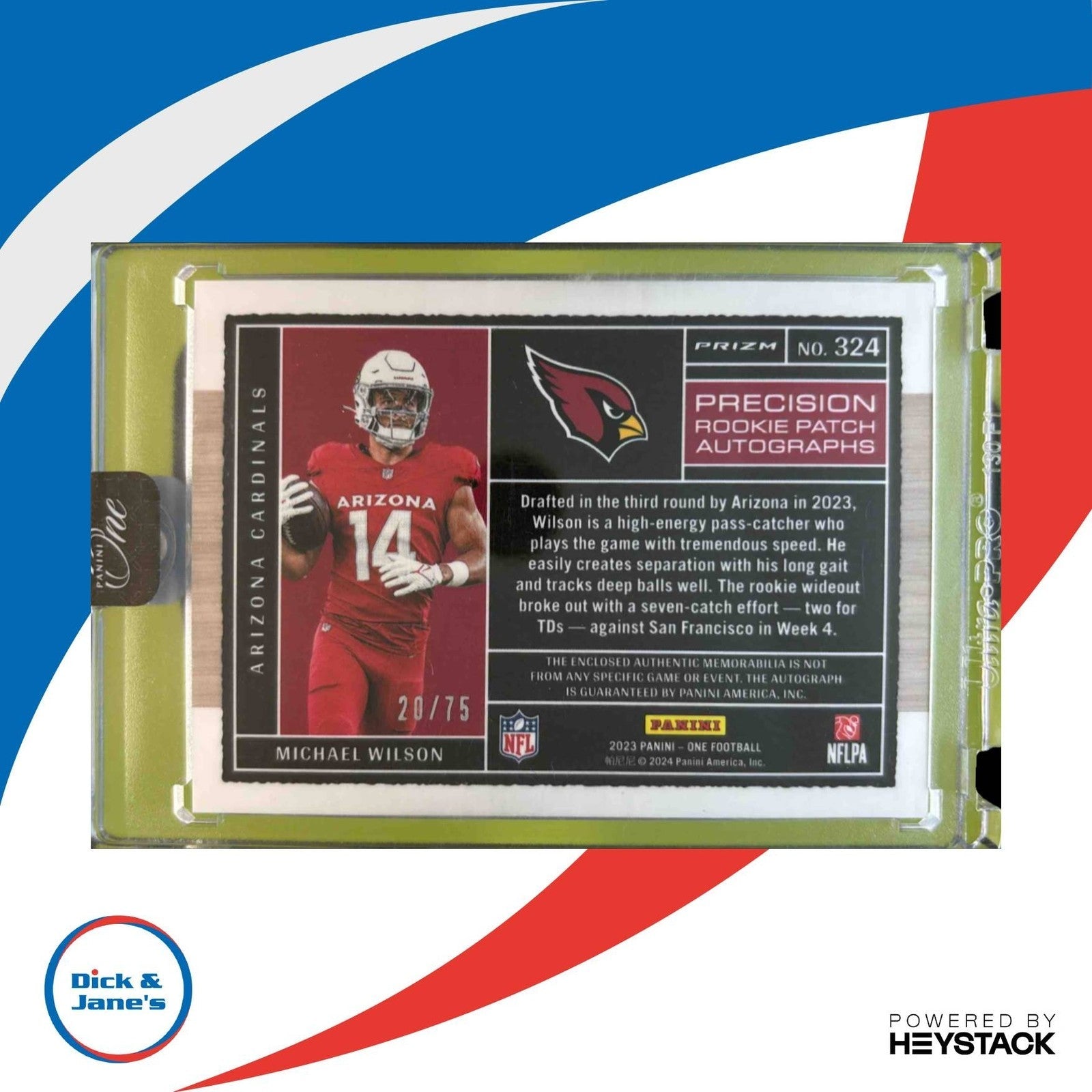 2023 Panini One Michael Wilson Blue /75 #324 Patch Auto RC Arizona Cardinals - Sports Cards