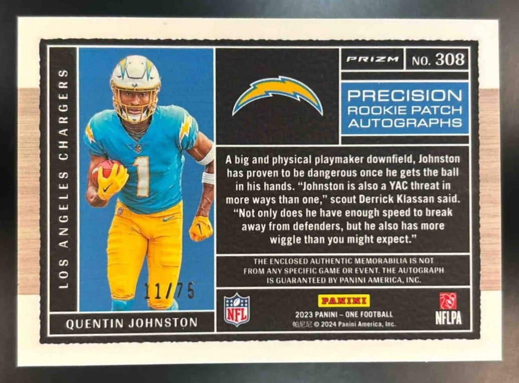 2023 Panini One Quentin Johnston Blue /75 #308 Rookie Patch Auto MEM RC Chargers - Sports Cards