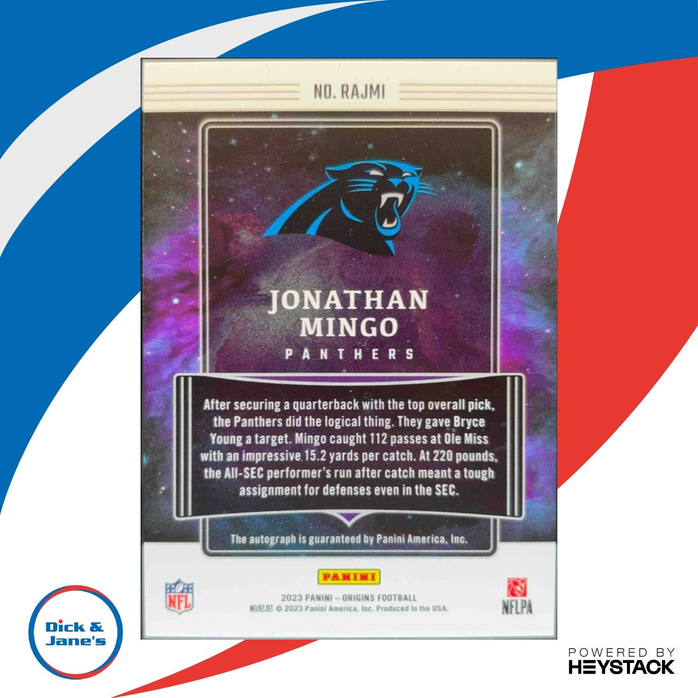2023 Panini Origins Jonathan Mingo Rookie Auto Blue /49 RC Carolina Panthers - Sports Cards