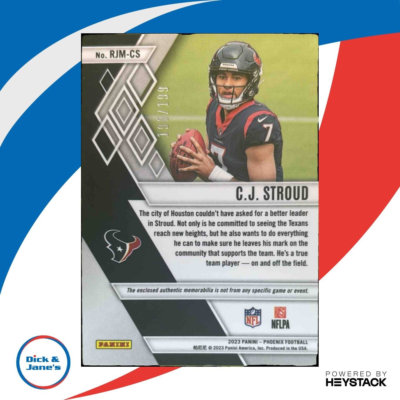 2023 Panini Phoenix C.J. Stroud Rookie Jumbo Memorabilia /199 MEM RC Texans - Sports Cards