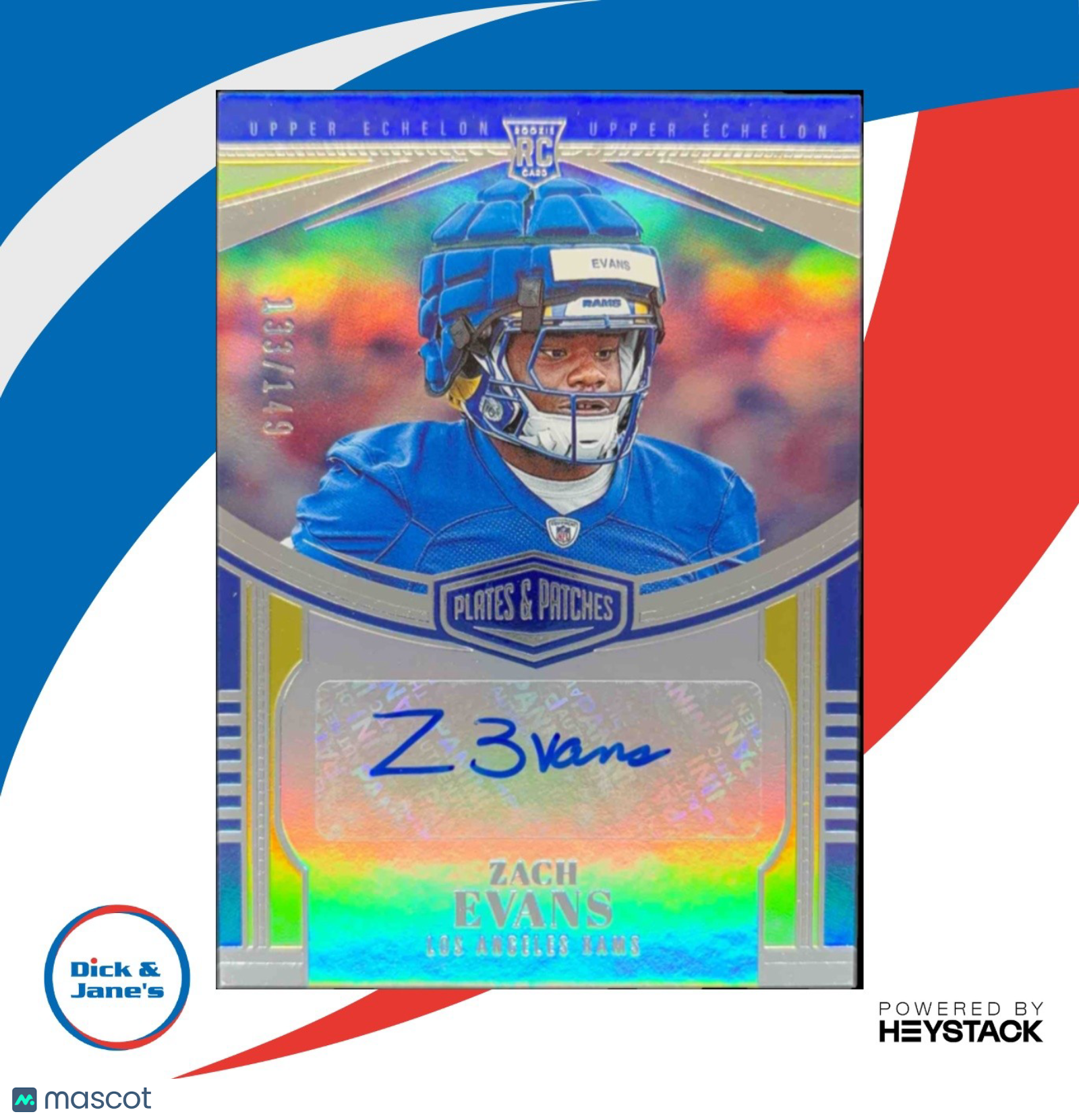 2023 Panini Plates & Patches Zach Evans Rookie Upper Echelon /149 #UE-4 RC Auto - Sports Cards