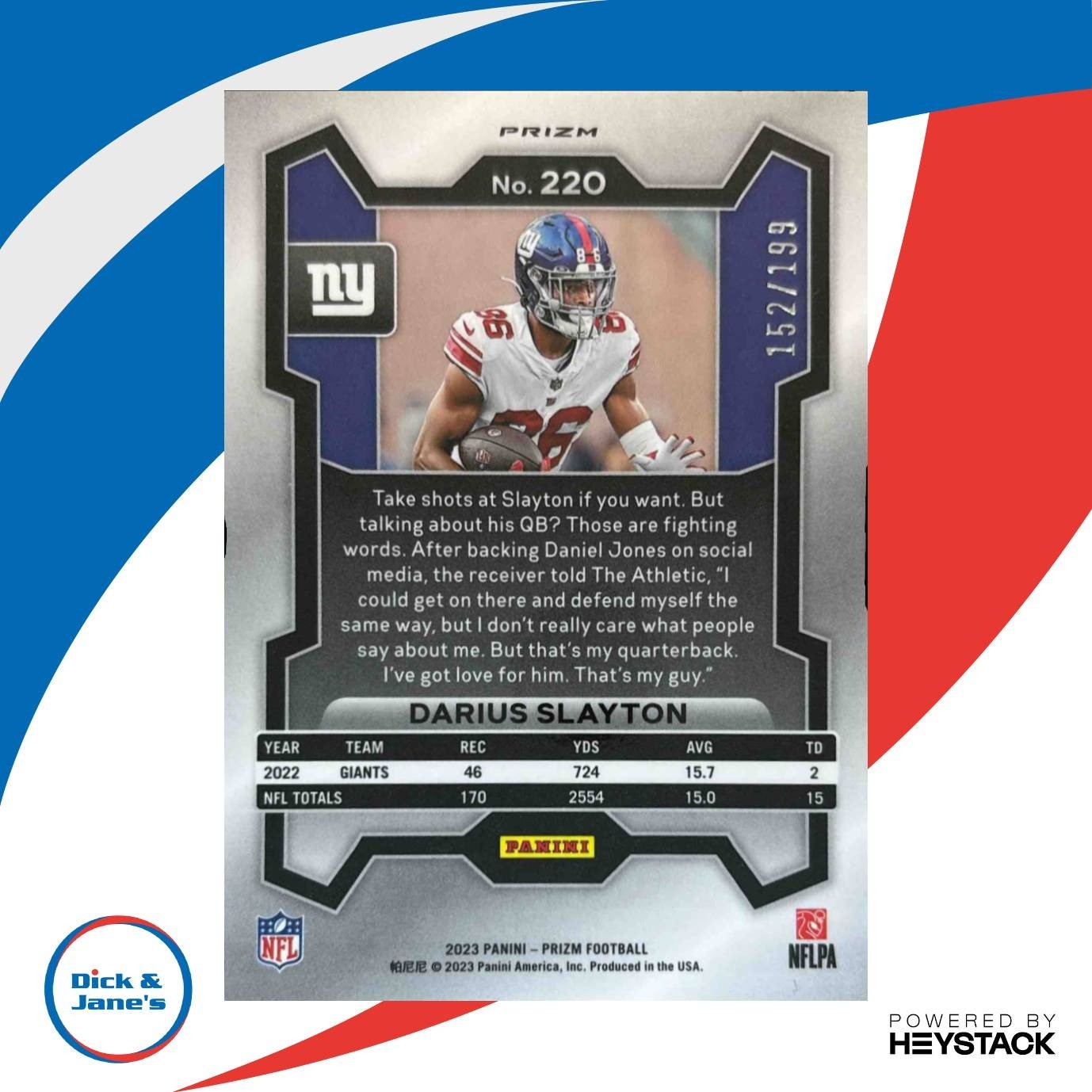 2023 Panini Prizm Darius Slayton Blue Wave 152/199 #220 New York Giants - Sports Cards