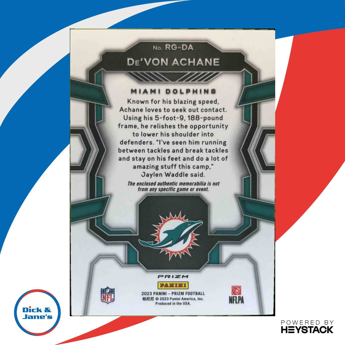 2023 Panini Prizm De’Von Achane Rookie Gear #RG-DA MEM RC Miami Dolphins - Sports Cards