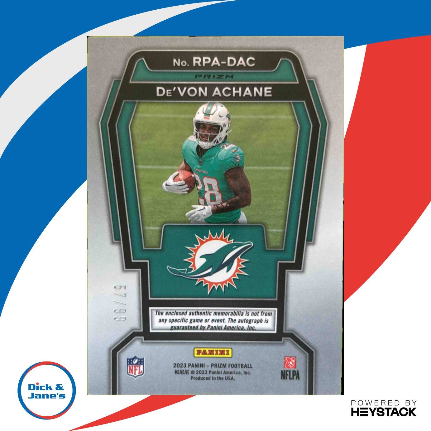 2023 Panini Prizm De’Von Achane Rookie Patch Auto Silver 57/99 MEM RC Dolphins - Sports Cards