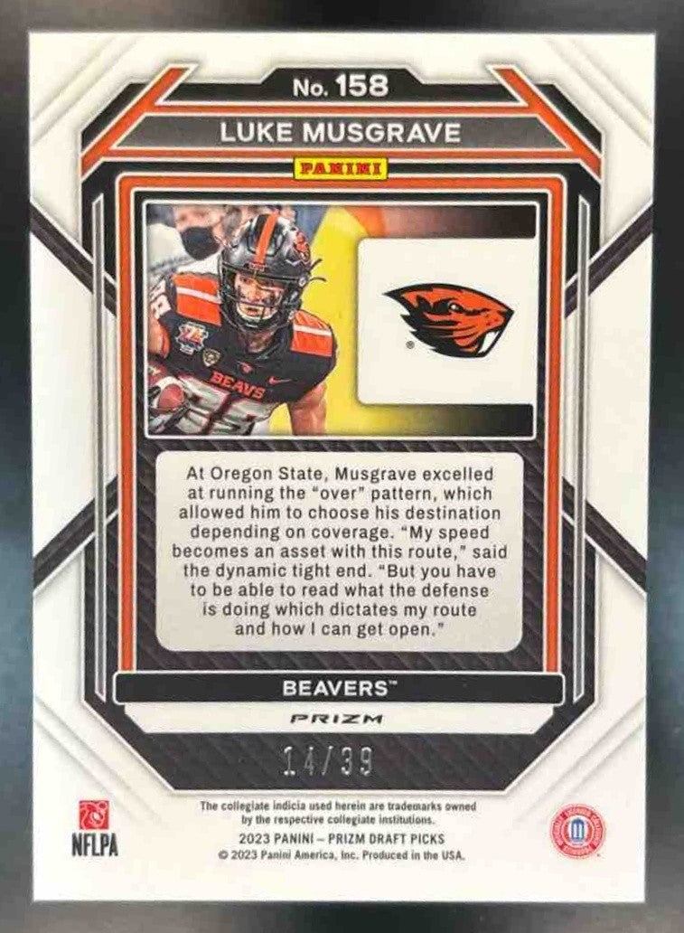 2023 Panini Prizm Draft Picks Luke Musgrave Prizms Orange Finite /39 #158 RC - Sports Cards