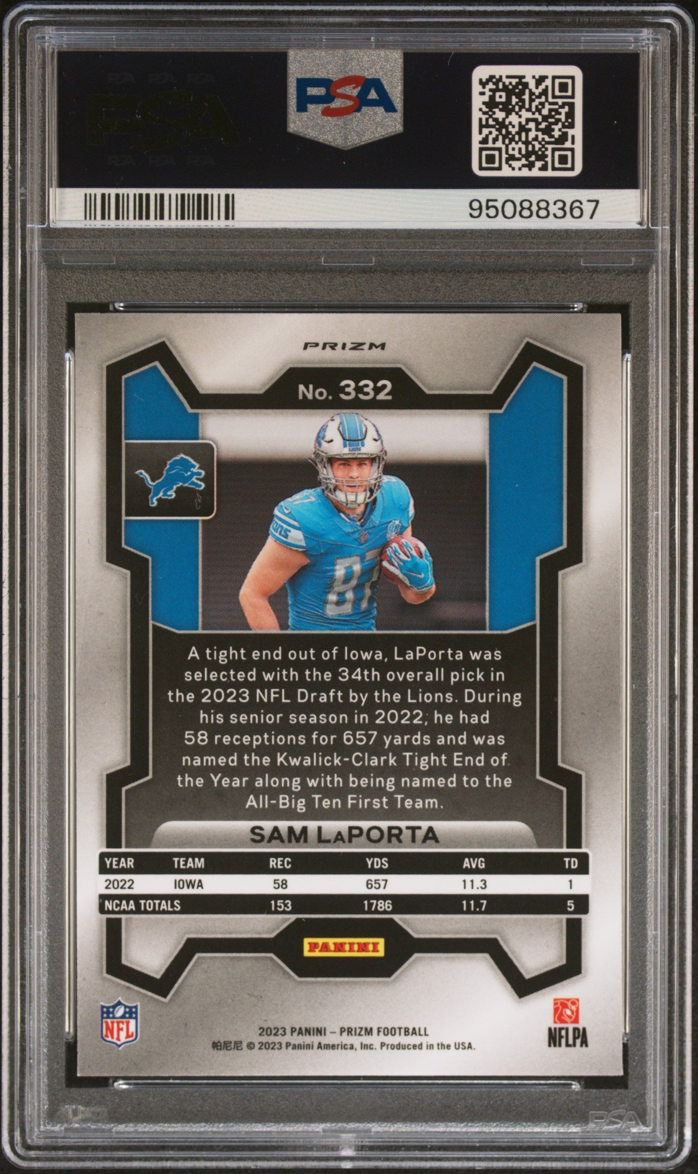 2023 Panini Prizm Sam Laporta Silver Rookie #332 PSA 10 GEM MINT Detroit Lions - Graded Sports Cards