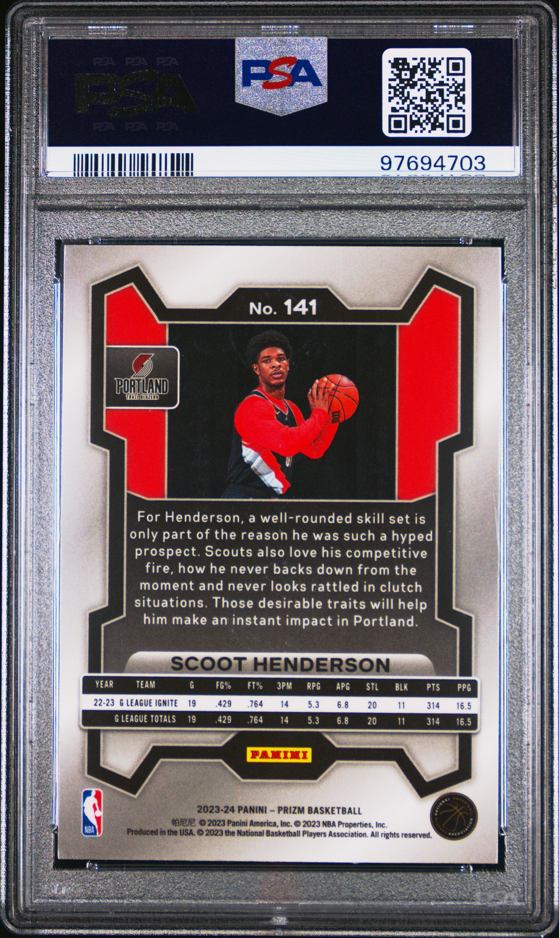 2023 Panini Prizm Scoot Henderson Rookie #141 PSA 10 Portland Trail Blazers - Graded Sports Cards