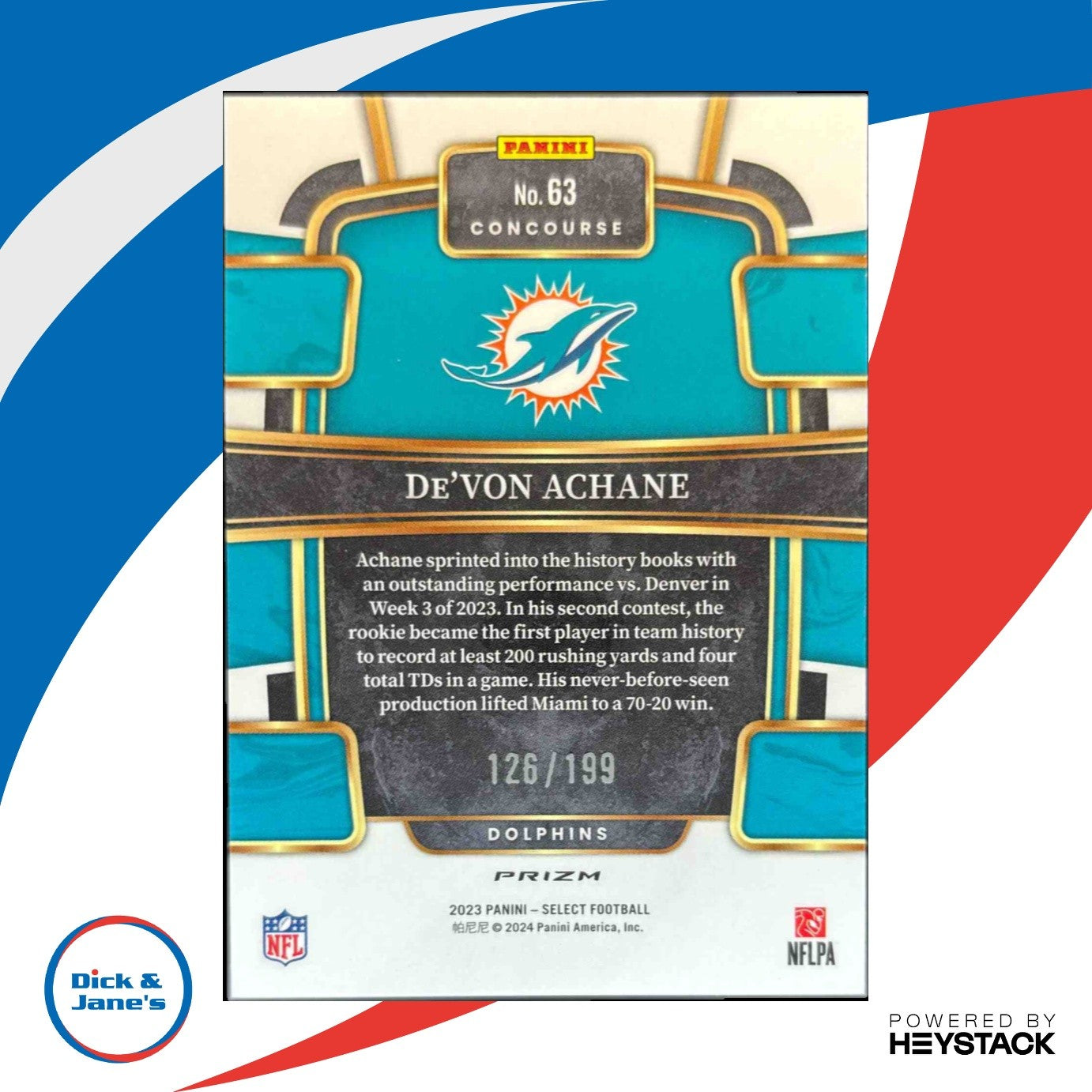 2023 Panini Select De’Von Achane Blue Prizms 126/199 #63 RC Miami Dolphins - Sports Cards