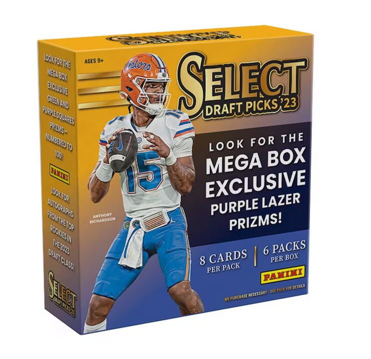 2023 Panini Select Draft Picks Football MEGA Box (Purple Lazer Prizms) - NFL Blaster
