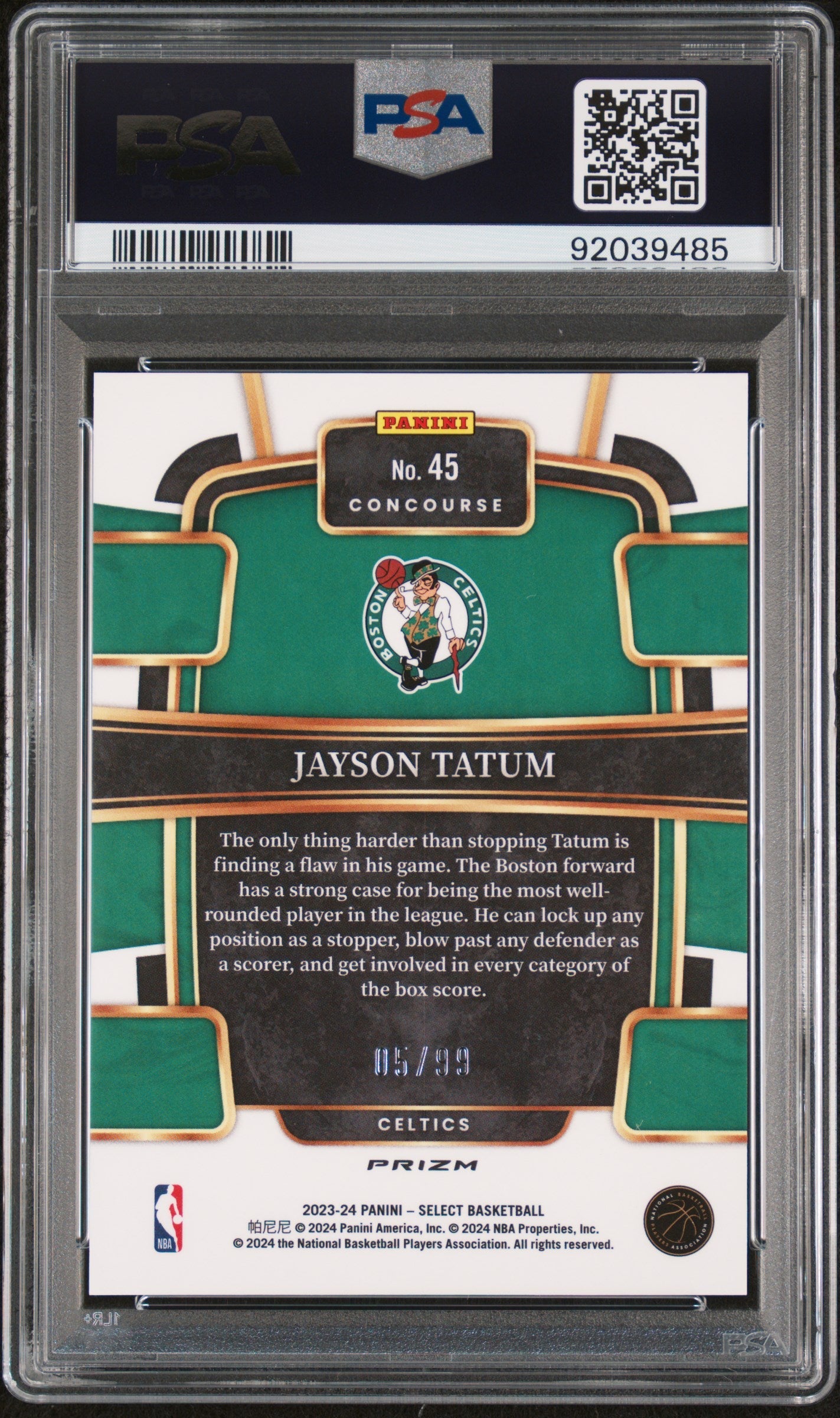 2023 Panini Select Jayson Tatum Purple Cracked Ice #45 PSA 10 /99 - Graded Sports Cards