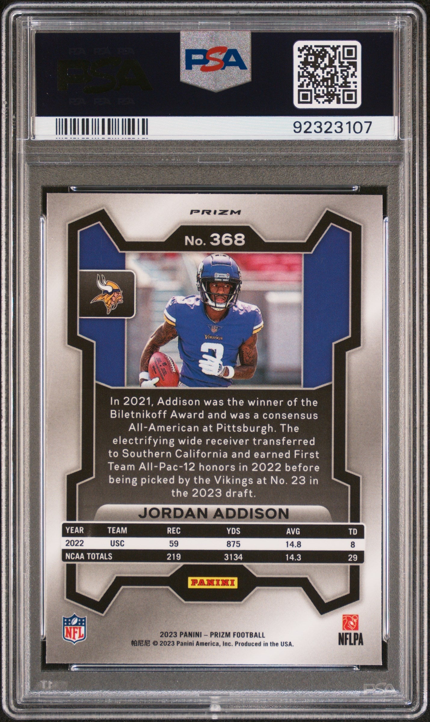 2023 Prizm Jordan Addison Lazer Rookie #368 PSA 10 GEM MINT Minnesota Vikings - Graded Sports Cards