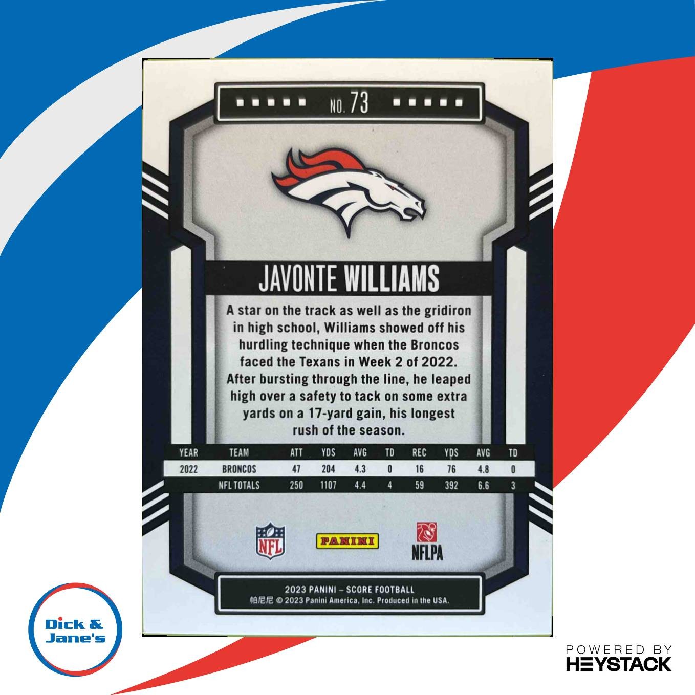 2023 Score Javonte Williams Lava 432/565 #73 Denver Broncos - Sports Cards