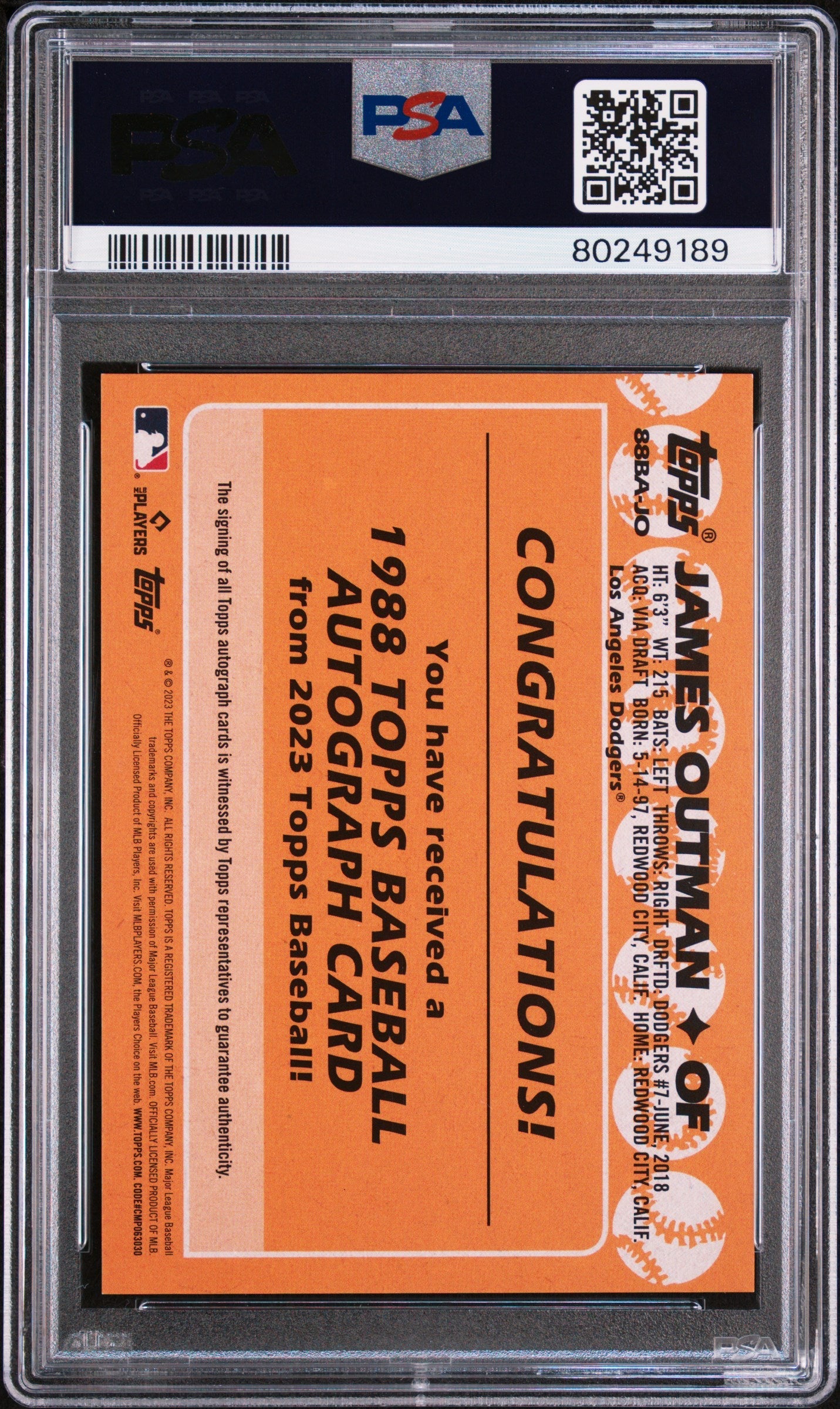 2023 Topps 1988 Baseball Autographs James Outman Rookie #88BAJO PSA 9 LA Dodgers Graded Sports Cards
