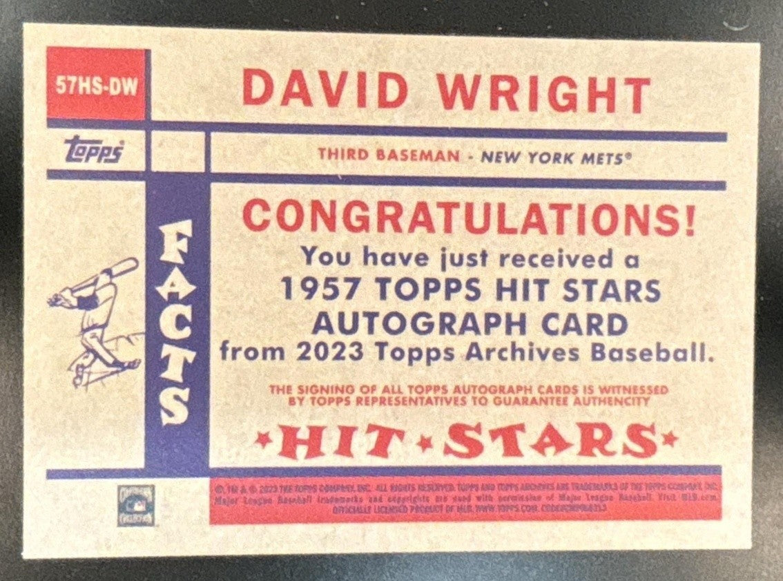 2023 Topps Archives David Wright 1957 Hit Stars Auto #57HS-DW New York Mets - Sports Cards