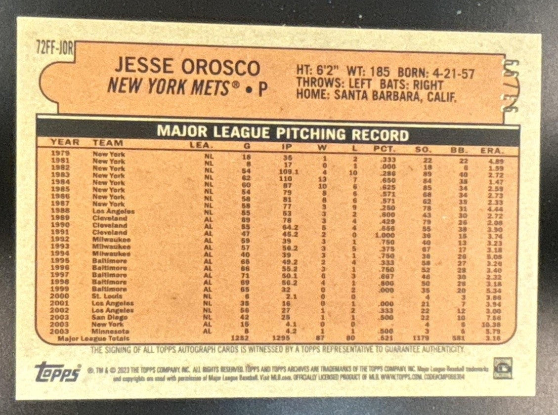 2023 Topps Archives Jesse Orosco Fan Favorites Auto Green Foil /99 Mets - Sports Cards