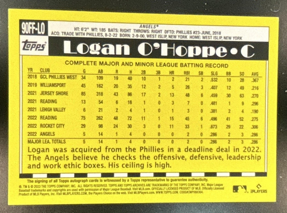 2023 Topps Archives Logan O’Hoppe Fan Favorites Auto #90FF-LO Los Angeles Angels - Sports Cards