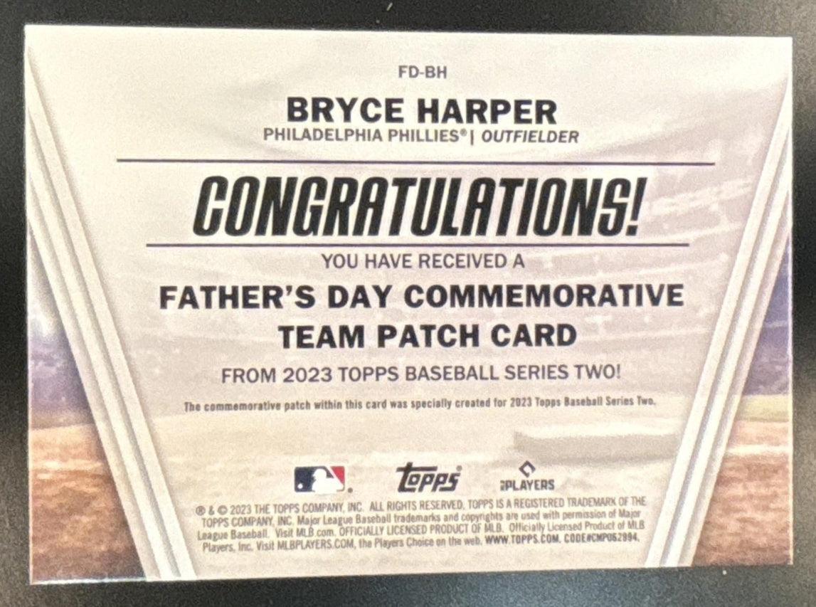 2023 Topps Bryce Harper Father’s Day Commemorative Team Patch Phillies - Sports Cards