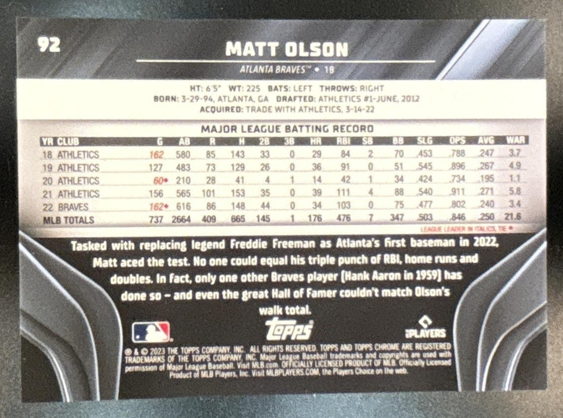 2023 Topps Chrome Black Matt Olson Blue Refractor /75 #92 Atlanta Braves - Sports Cards