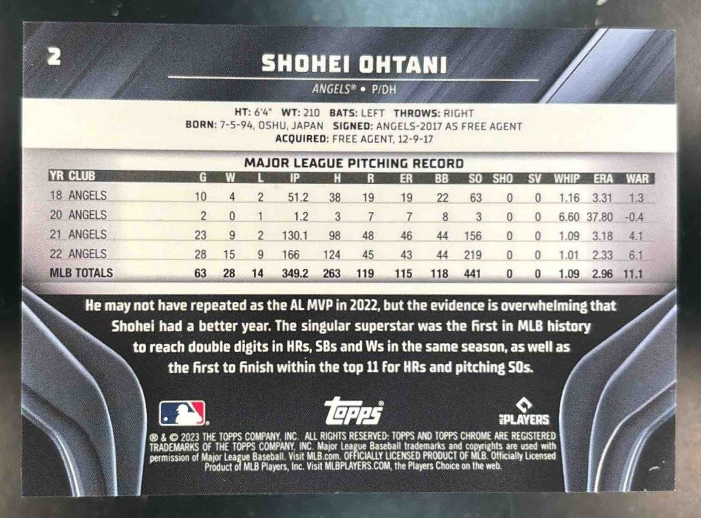 2023 Topps Chrome Black Shohei Ohtani Refractor 124/199 #2 Los Angeles Angels - Sports Cards