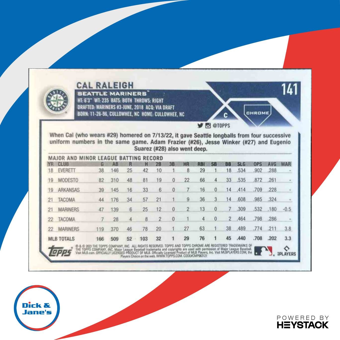 2023 Topps Chrome Cal Raleigh X-Fractor #141 Seattle Mariners - Sports Cards