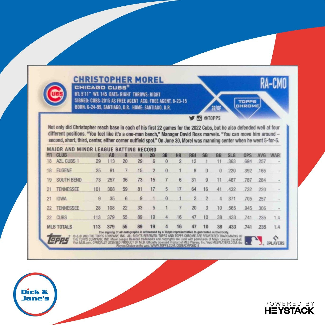 2023 Topps Chrome Christopher Morel Rookie Auto #RA-CMO Auto RC Chicago Cubs - Sports Cards