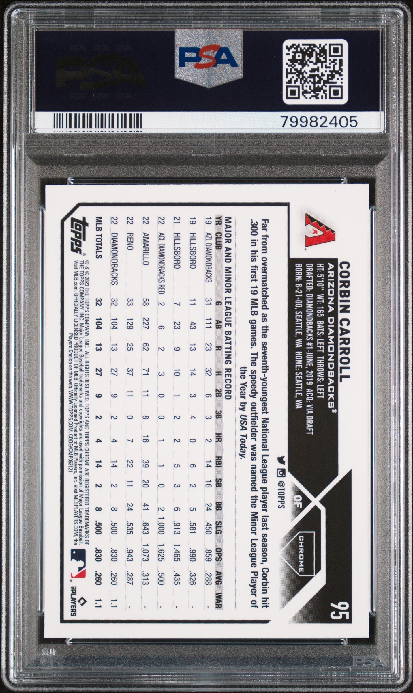 2023 Topps Chrome Corbin Carroll Rookie #95 PSA 10 GEM MINT Arizona Diamondbacks Graded Sports Cards