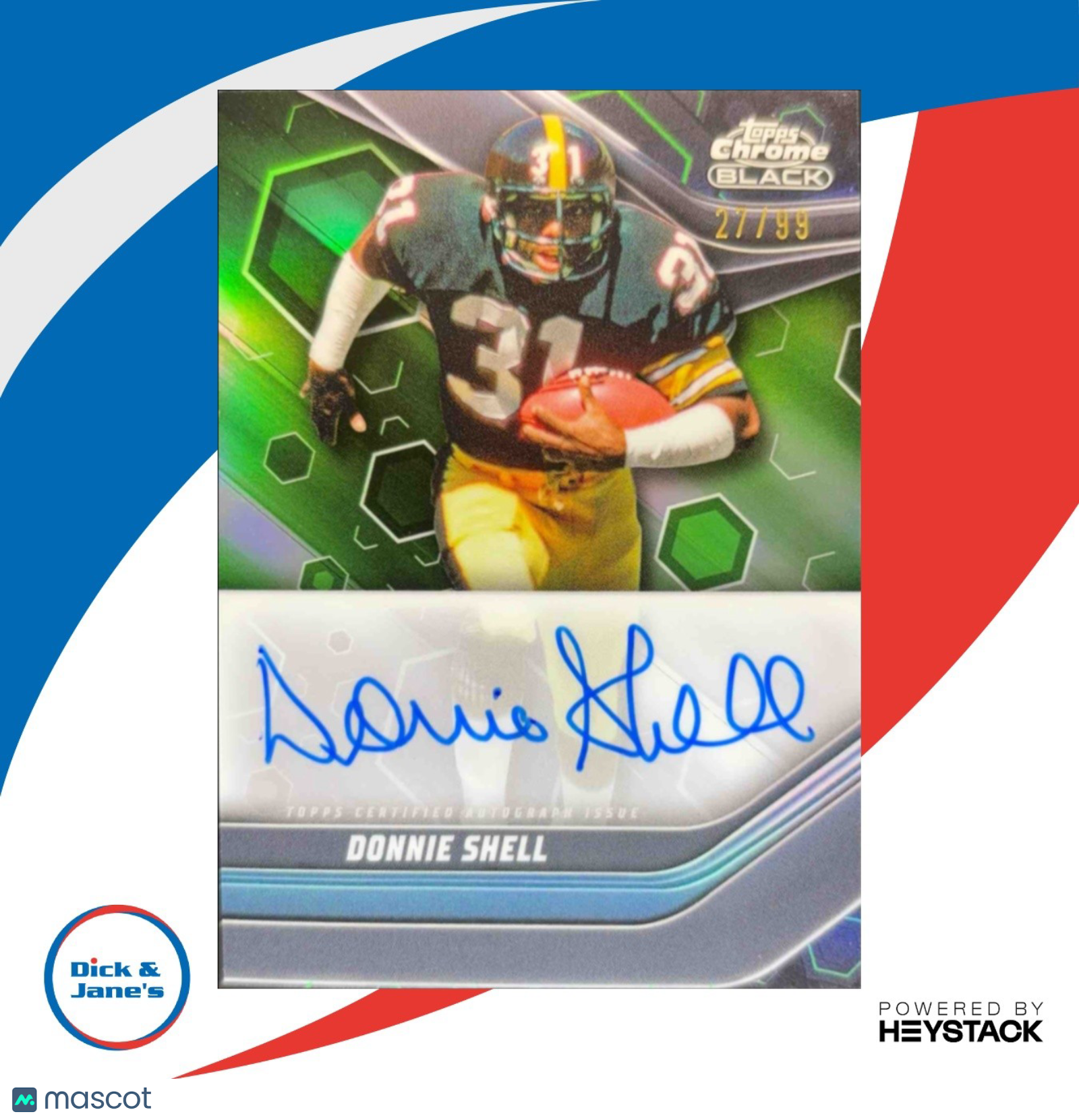 2023 Topps Chrome Donnie Shell Chrome Black Auto Green Refractor 27/99 Steelers - Sports Cards