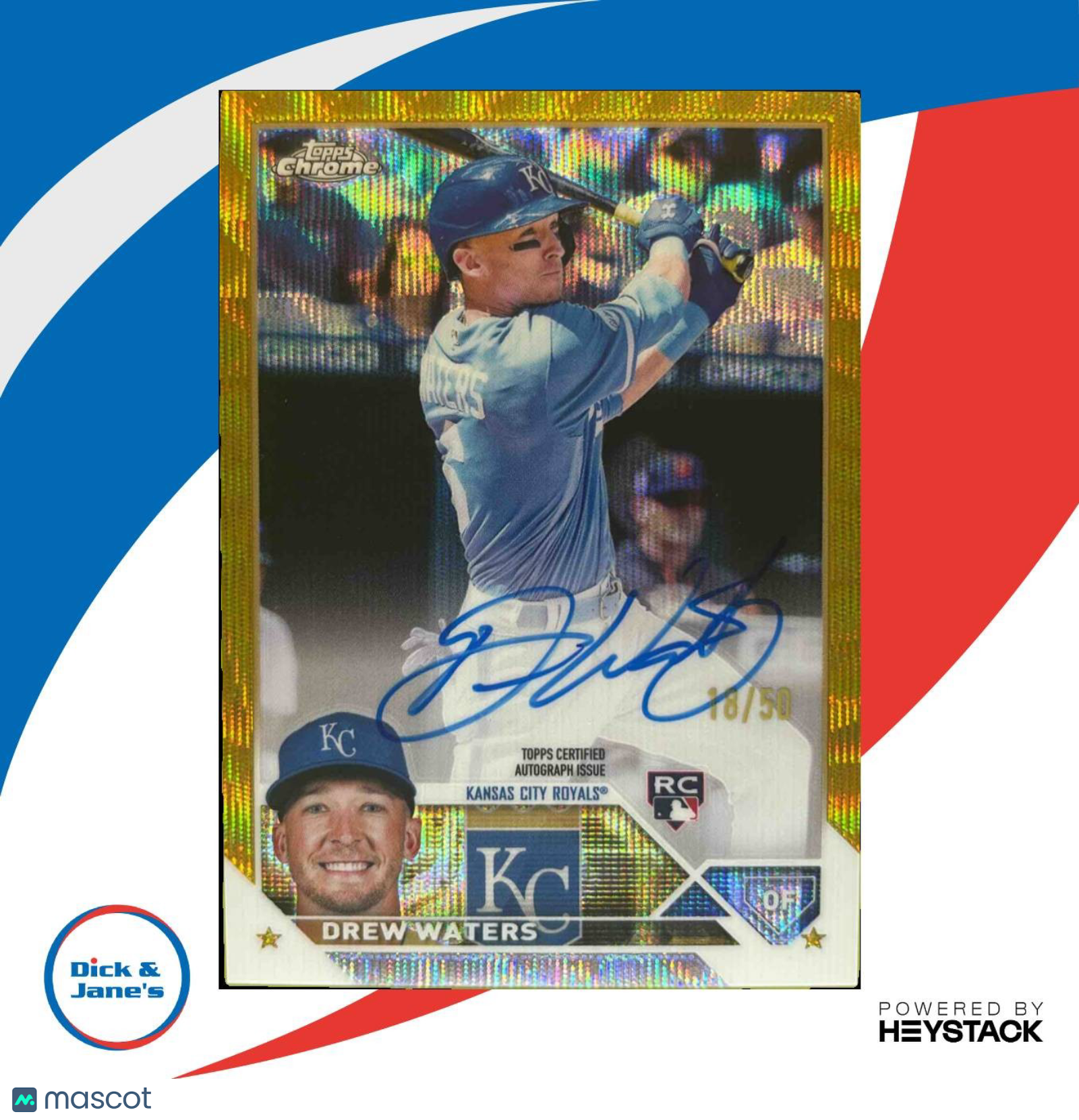 2023 Topps Chrome Drew Waters Rookie Auto Gold Wave Refractor 18/50 RC KC Royals - Sports Cards