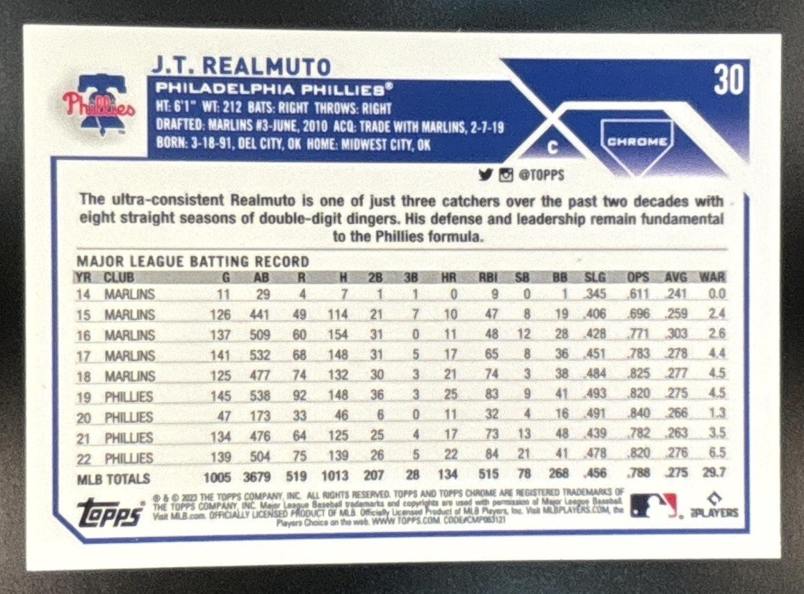 2023 Topps Chrome J.T. Realmuto Gold Wave Refractor /50 #30 Philadelphia Phillie - Sports Cards