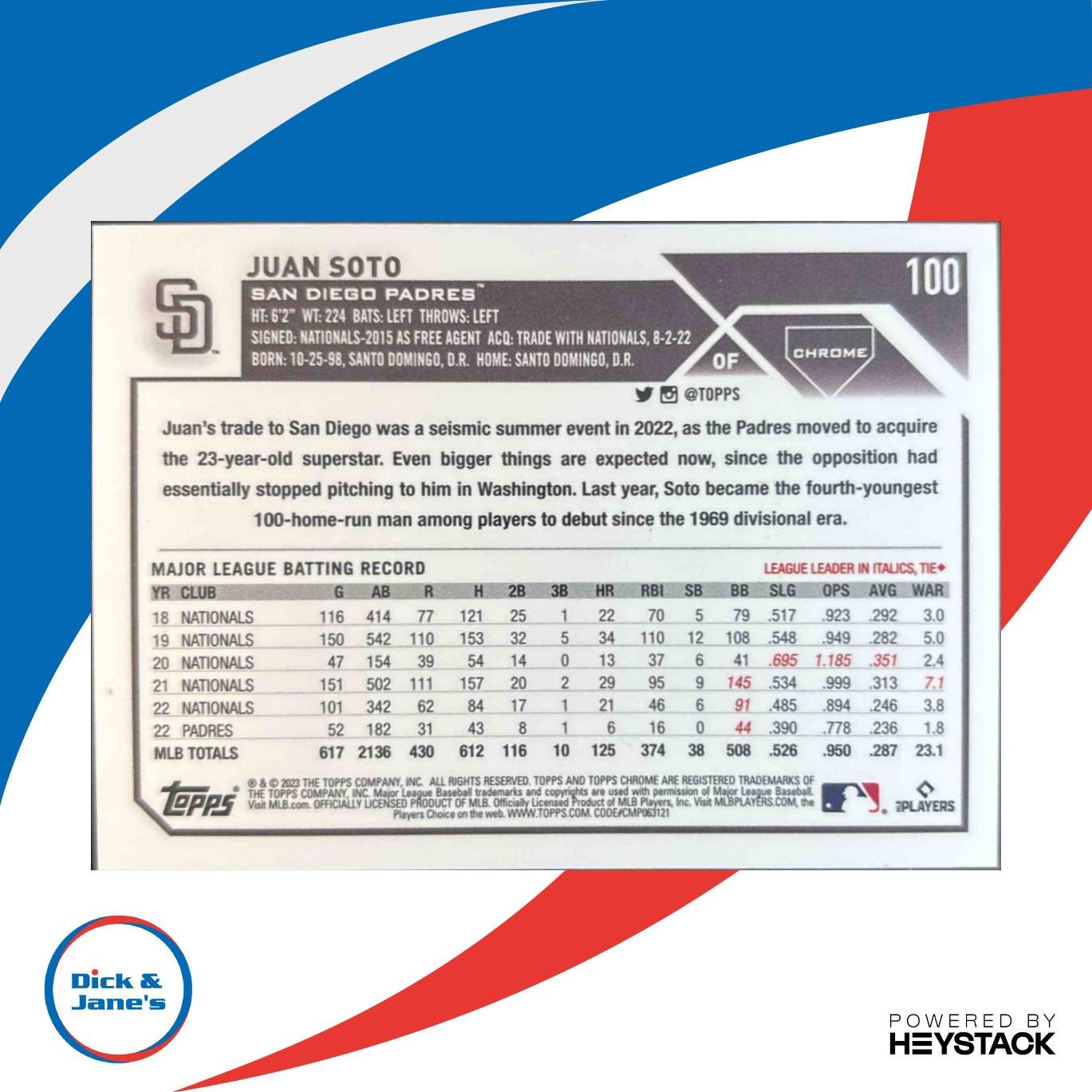 2023 Topps Chrome Juan Soto Purple Speckle Refractor /299 #100 San Diego Padres - Sports Cards